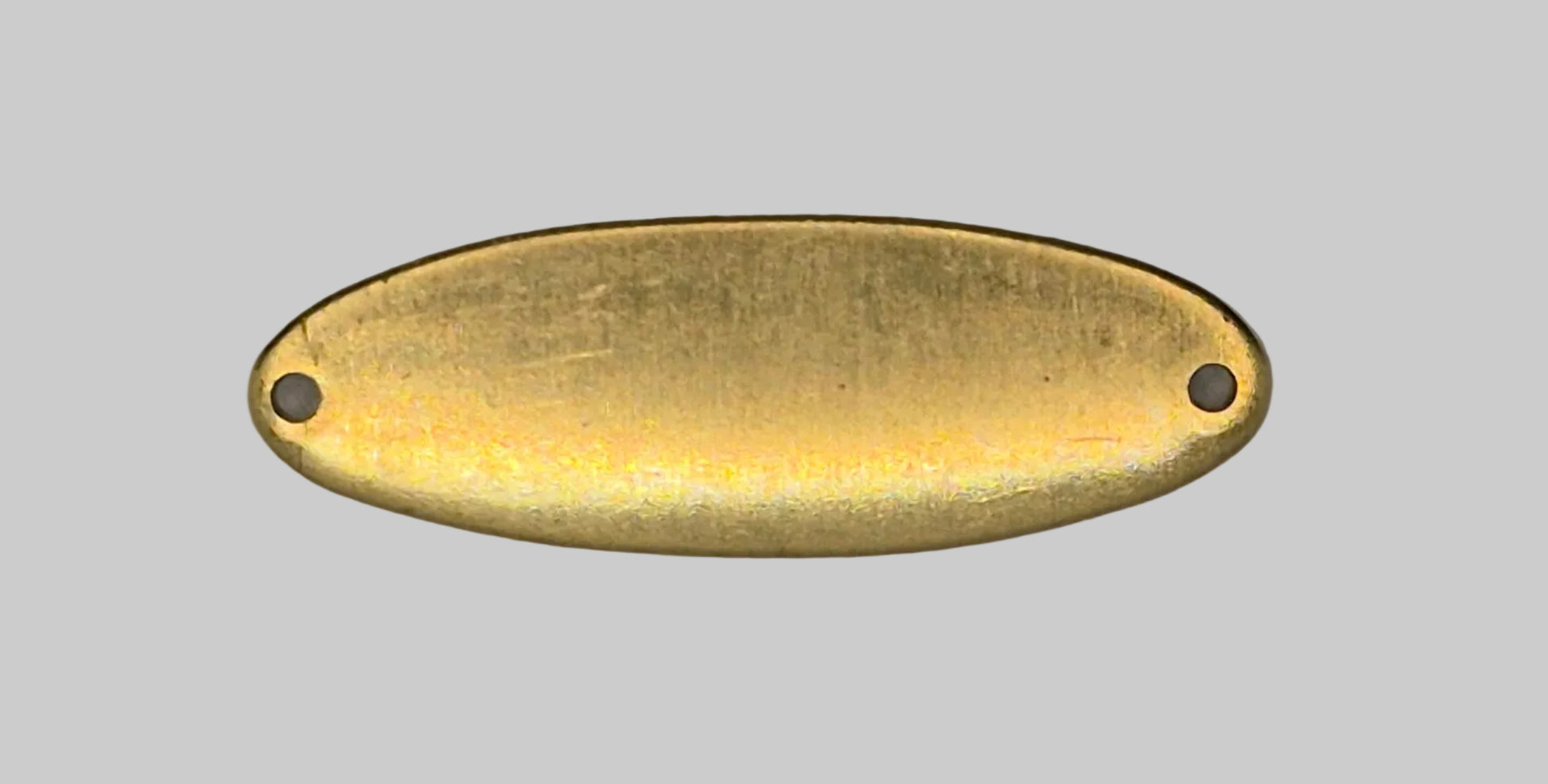 Gold oval metal tag with two holes on a gray background