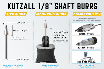 Kutzall 1/4" x 1/2" Taper Burr, 1/8" shaft