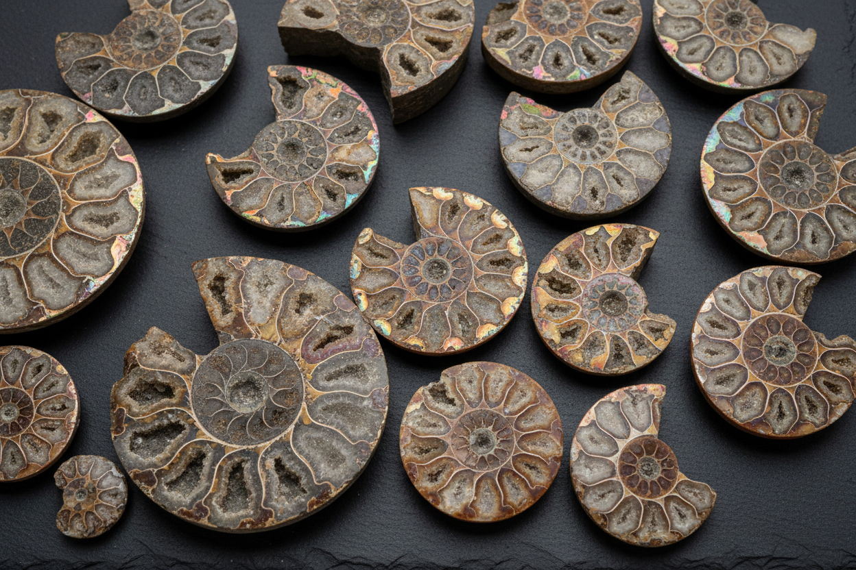 Cut and polished ammonite fossils